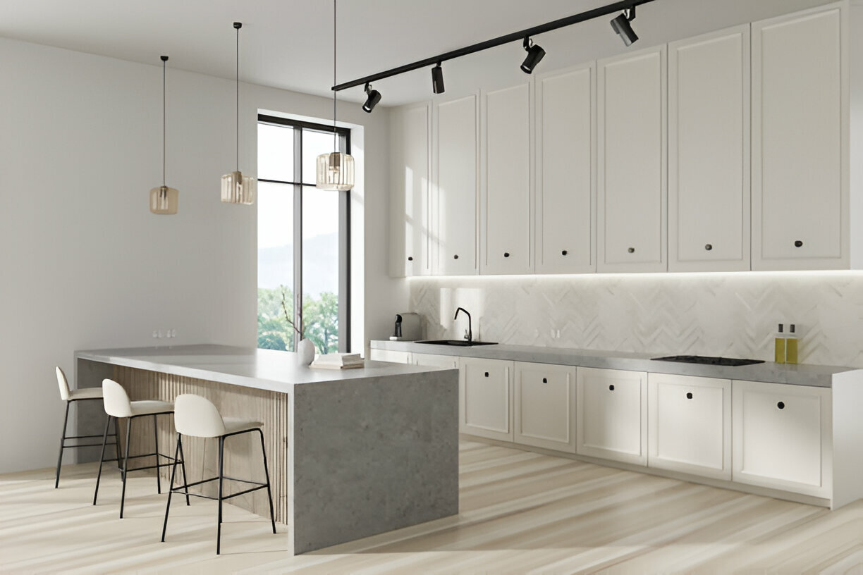 Minimalist kitchen with white cabinets, concrete island, herringbone backsplash, pendant lighting, and barstool seating