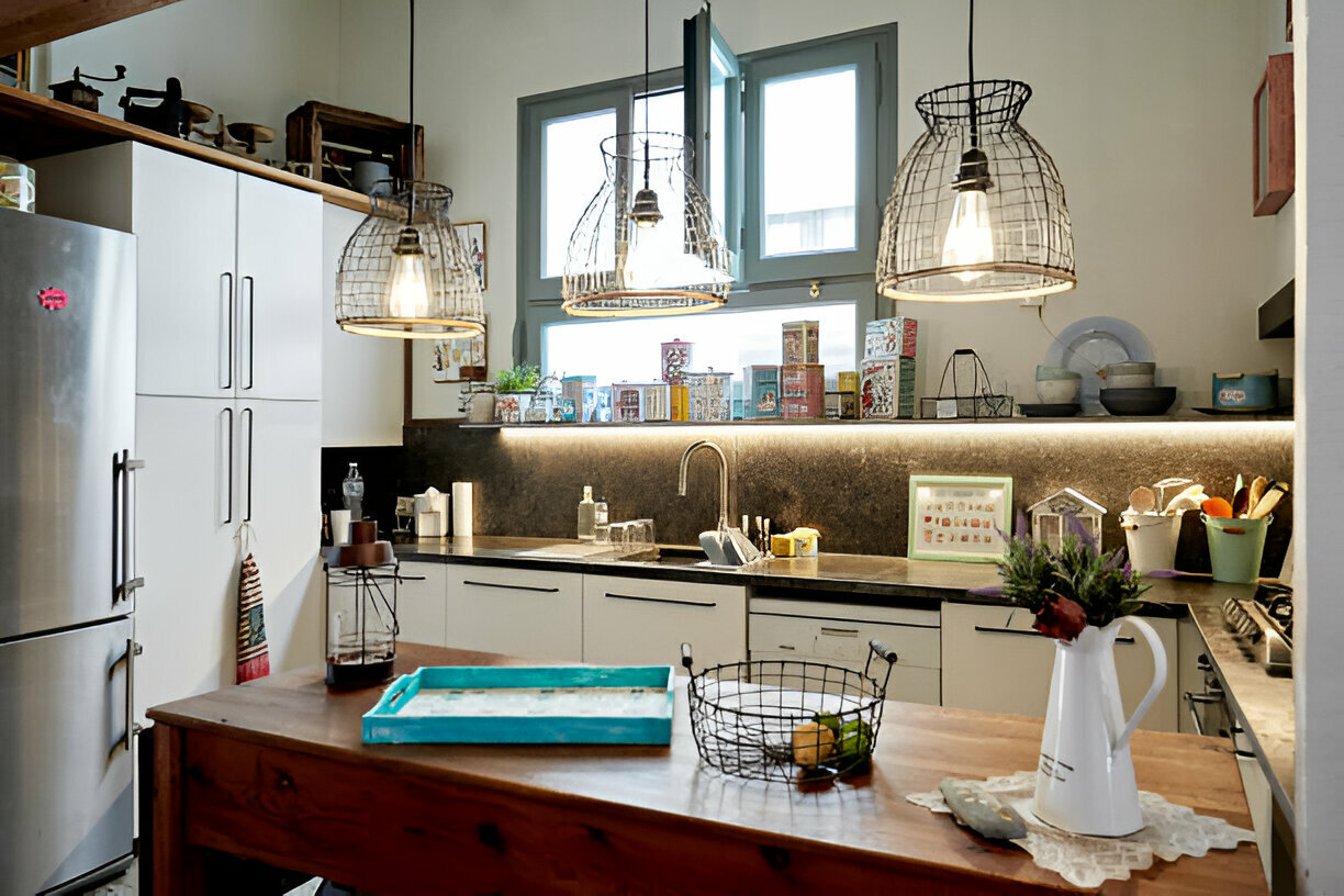 Rustic kitchen with industrial-style pendant lights, wooden island, white cabinets, black countertops, and vintage decor. A window above the sink brings in natural light