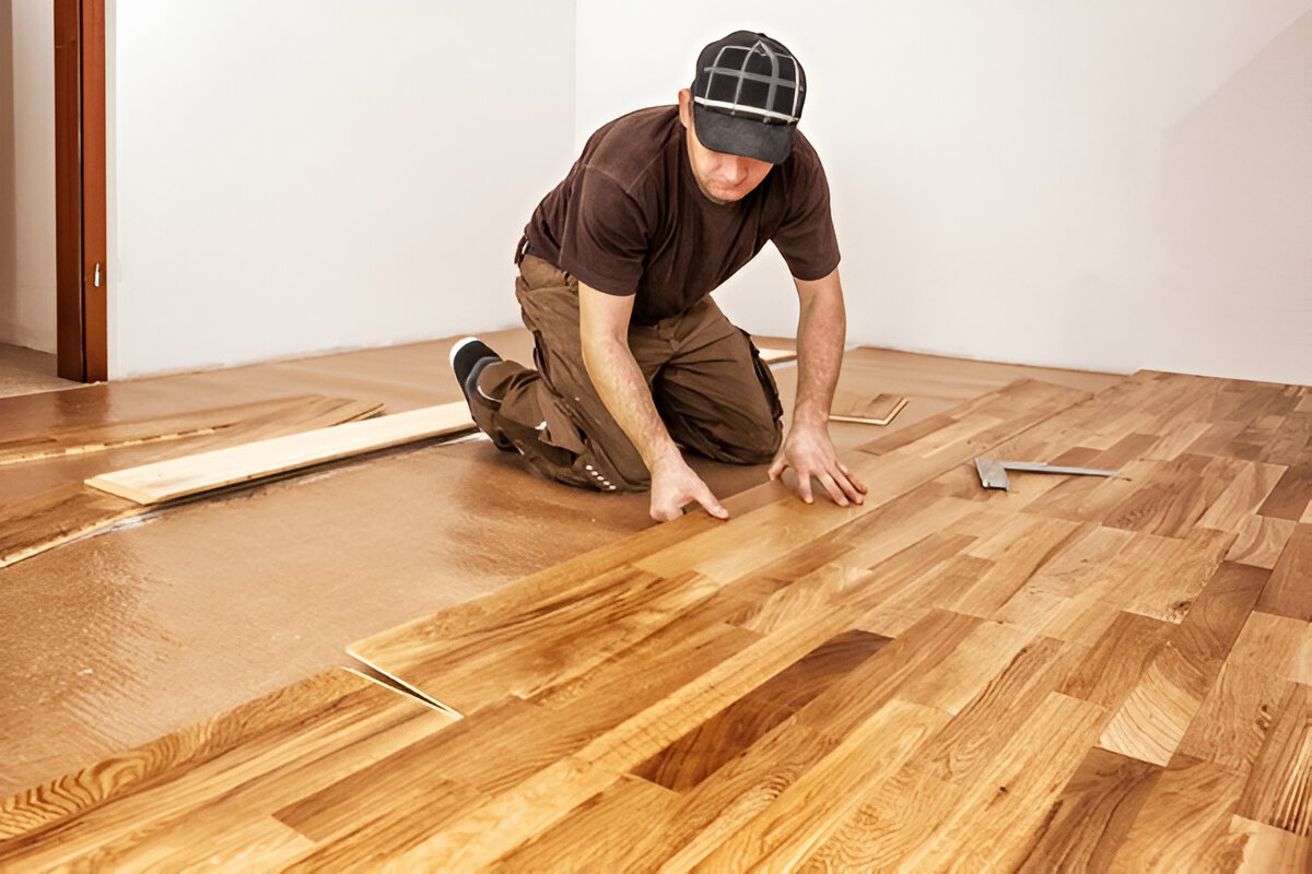 Worker installing hardwood flooring in a residential home interior