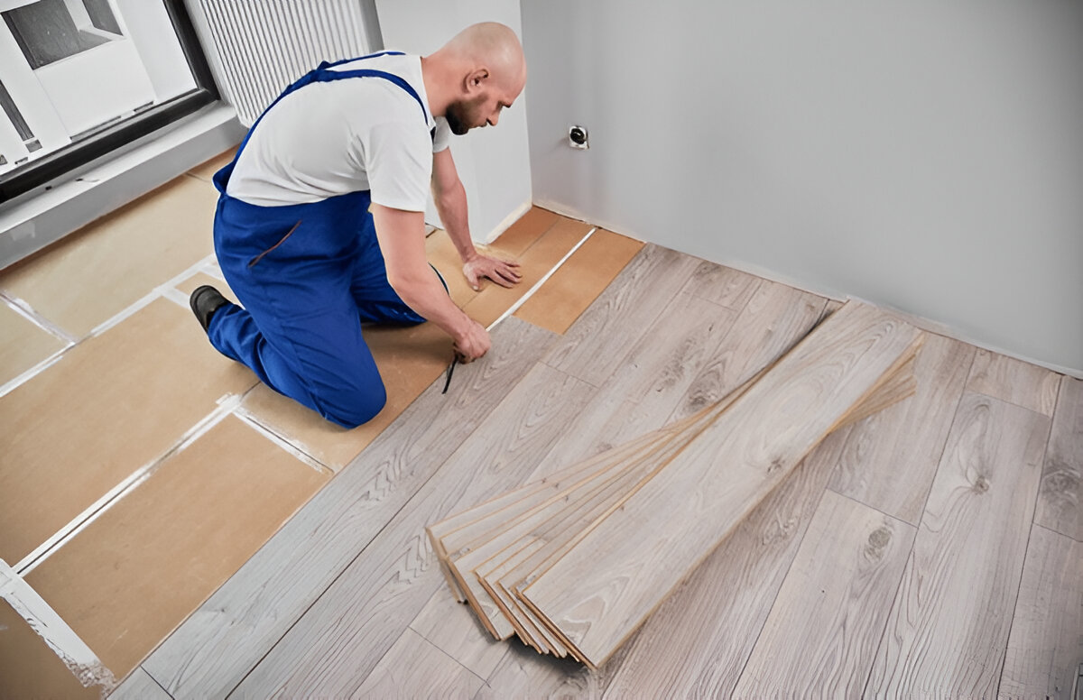 Contractor installing light gray laminate flooring in a modern interior space