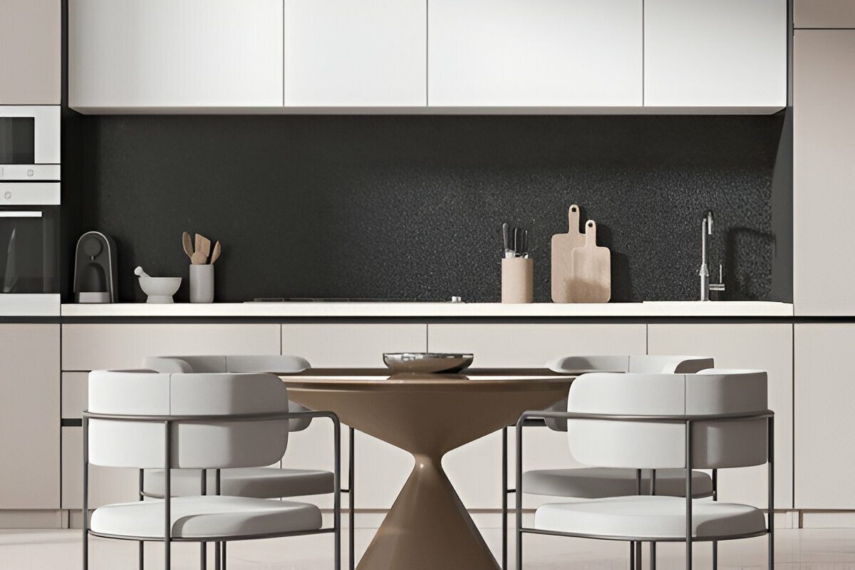 Modern minimalist kitchen with a black backsplash, white cabinetry, and a sleek round dining table with contemporary chairs.