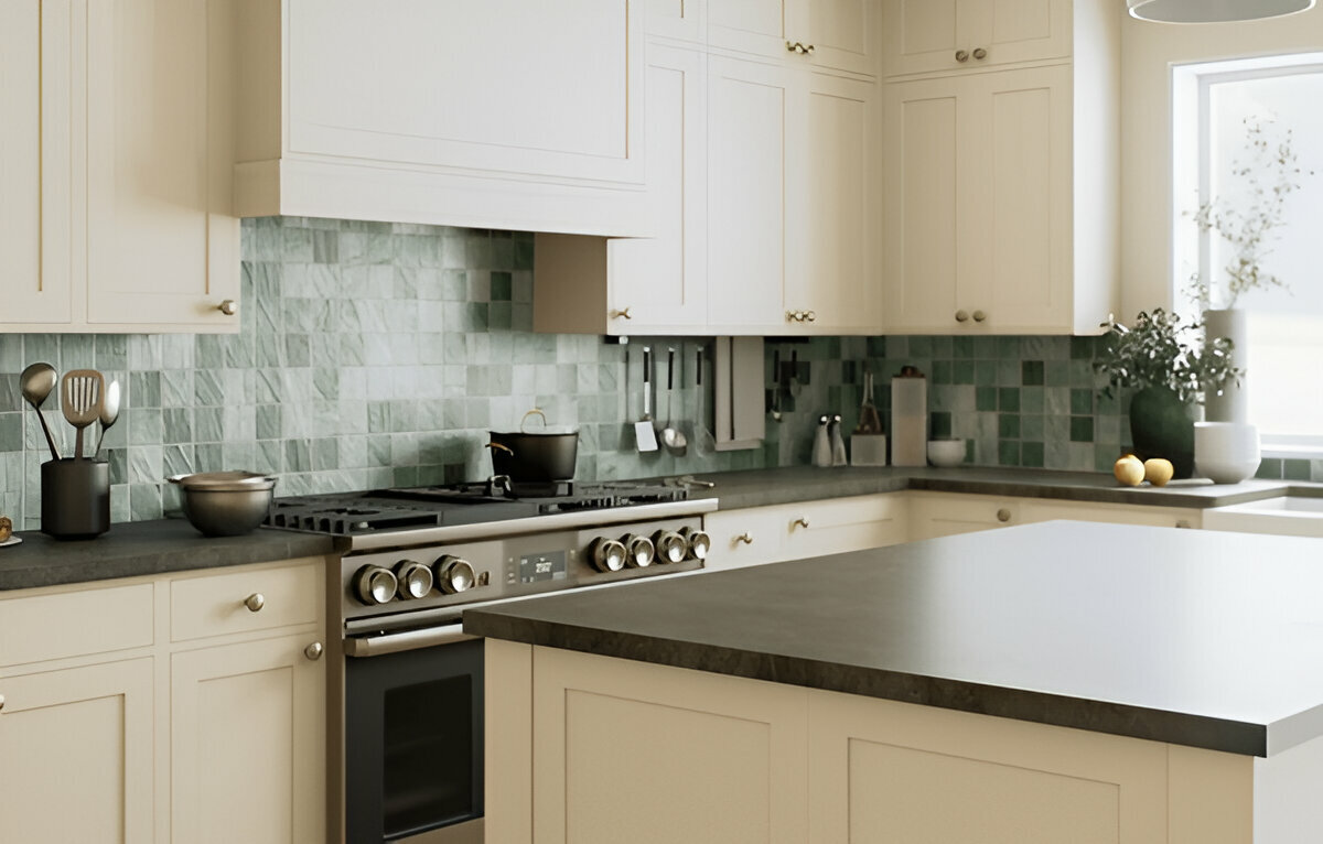 Elegant kitchen with creamy white cabinetry, green tile backsplash, and a large dark countertop island.