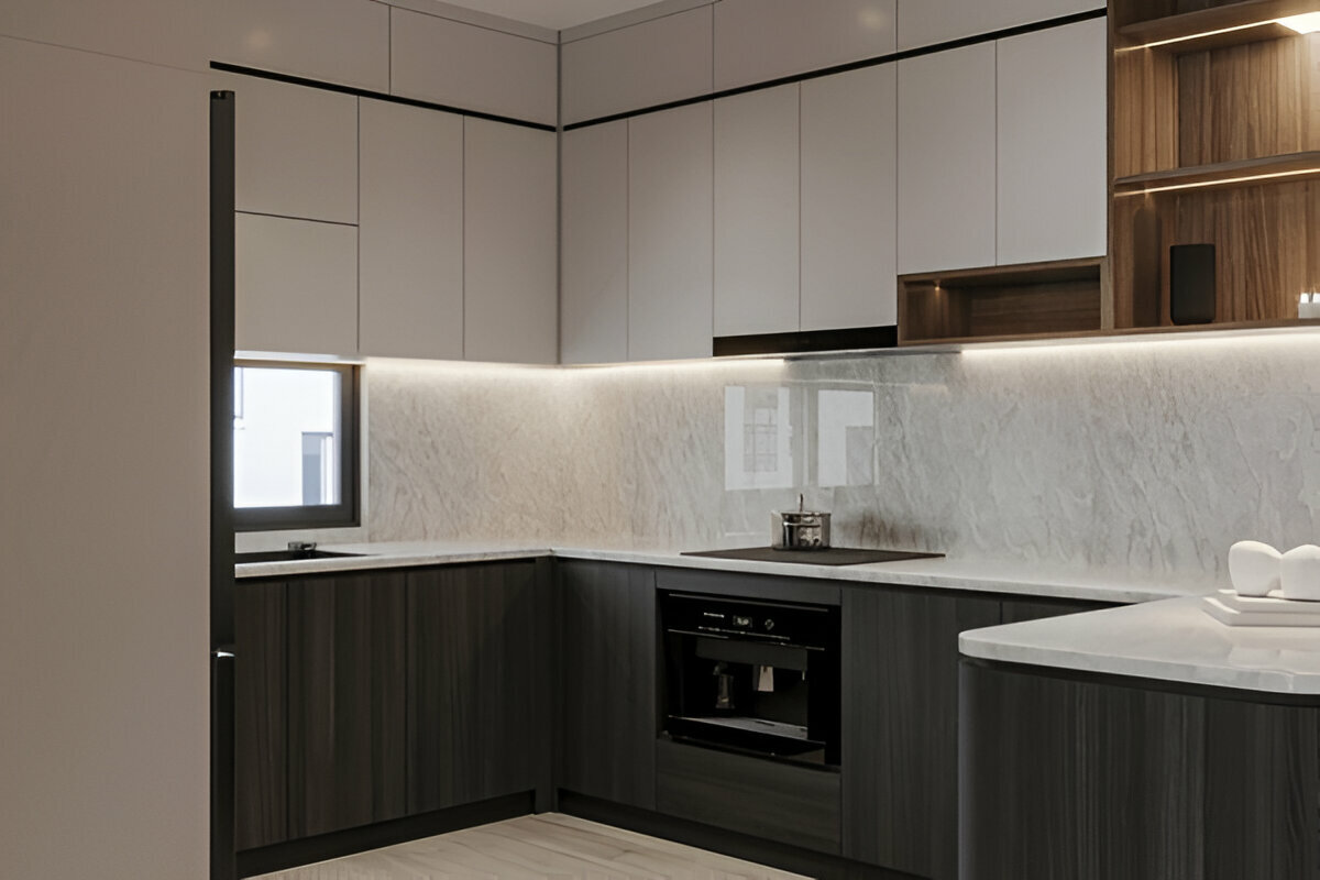 Modern L-shaped kitchen with white upper cabinets, dark wood lower cabinets, marble backsplash, and under-cabinet lighting.