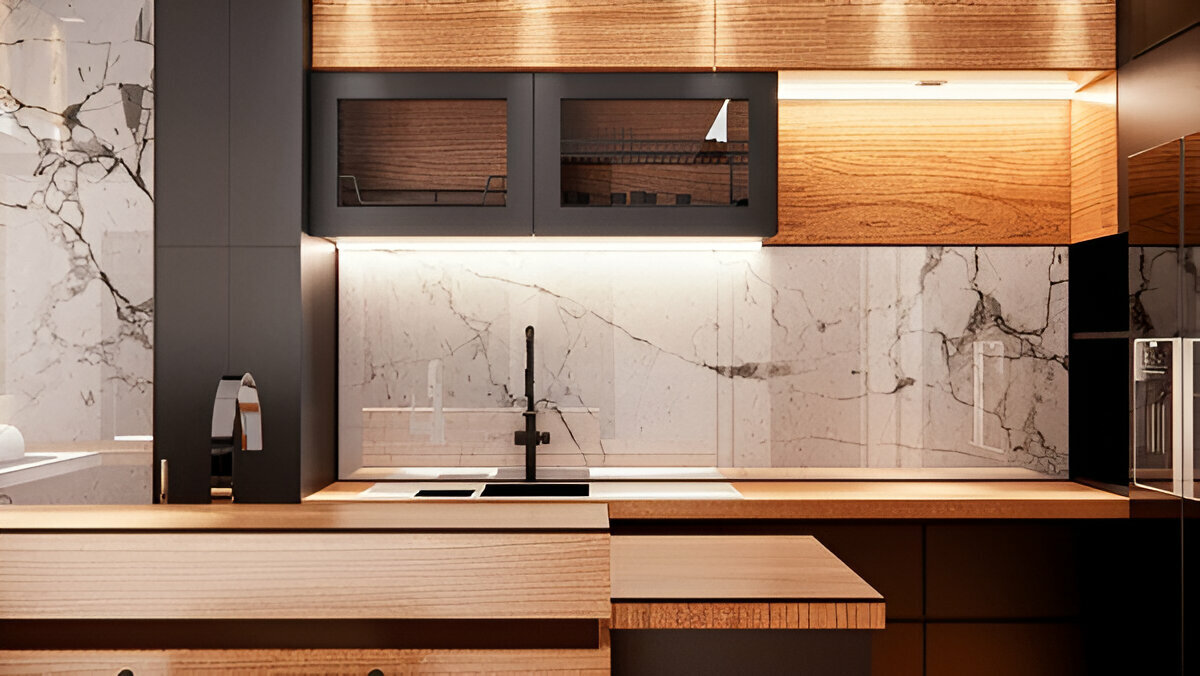 Modern kitchen with wood cabinetry, black fixtures, marble backsplash, and under-cabinet lighting.