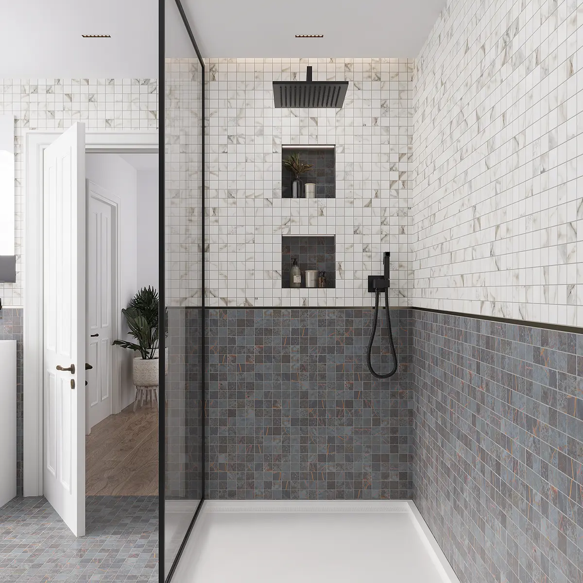The image shows a modern bathroom with a large, walk-in shower enclosure. The walls are covered in a combination of white subway tiles and grey mosaic tiles, creating a striking visual contrast. The shower features a black rain shower head and a black-framed glass door.