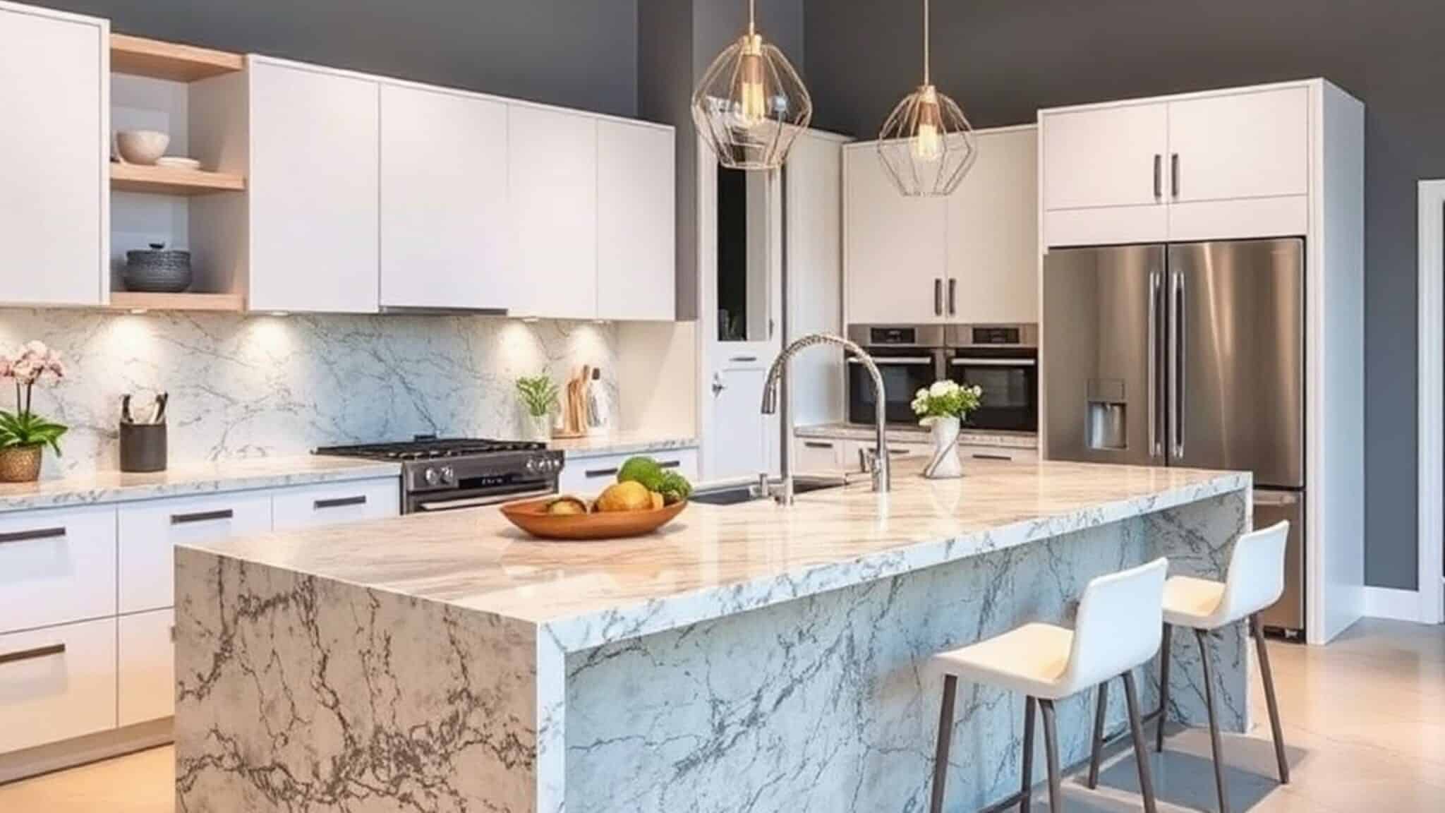 Modern kitchen featuring a quartz waterfall island, white flat-panel cabinets, and stainless steel appliances
