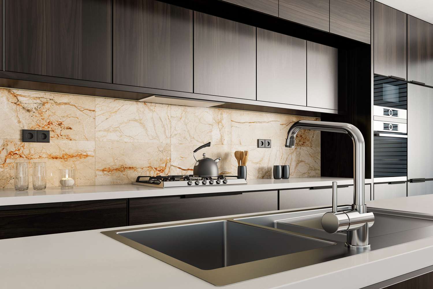 Contemporary kitchen featuring a marble backsplash with orange veining, black cabinets, and stainless steel fixtures