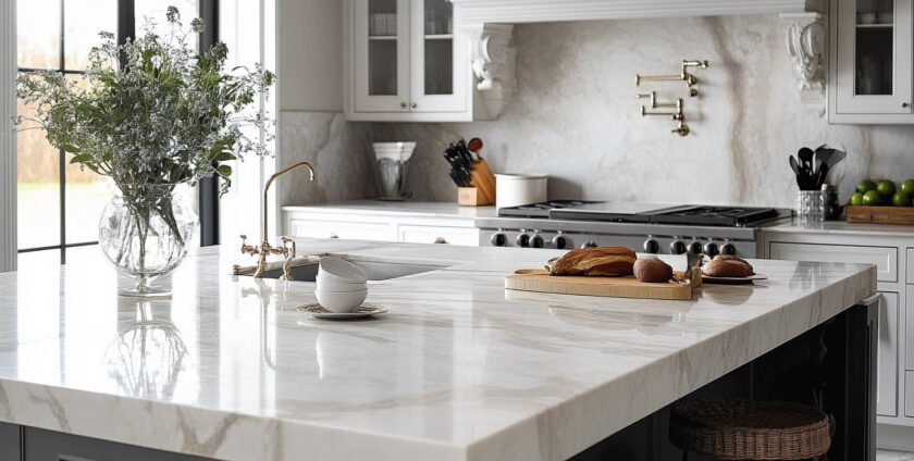 Luxurious kitchen featuring polished marble countertops, gold fixtures, white cabinetry, and decorative corbels