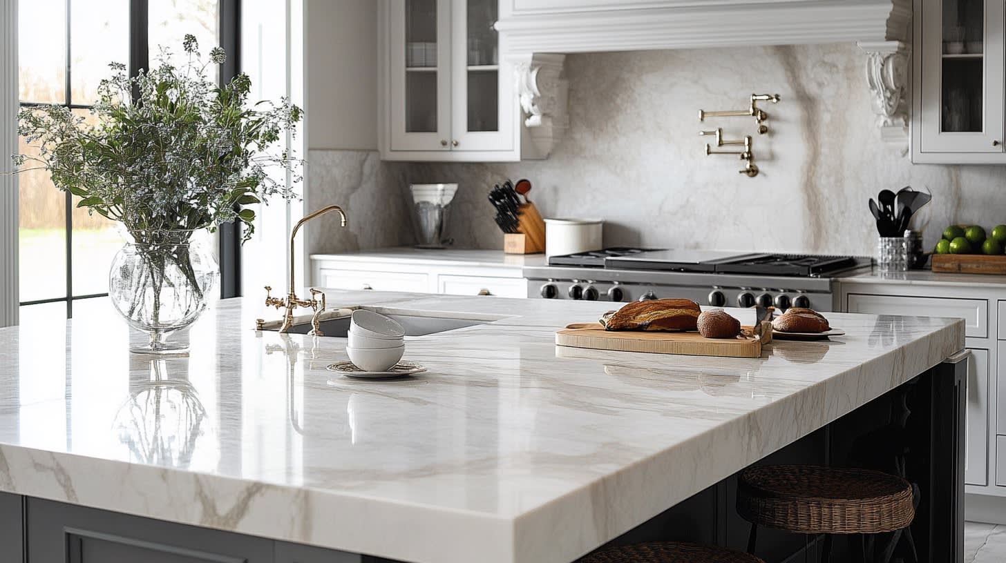 Luxurious kitchen featuring polished marble countertops, gold fixtures, white cabinetry, and decorative corbels