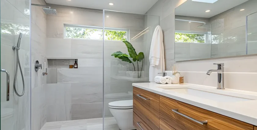 Modern bathroom with wood vanity and walk-in shower